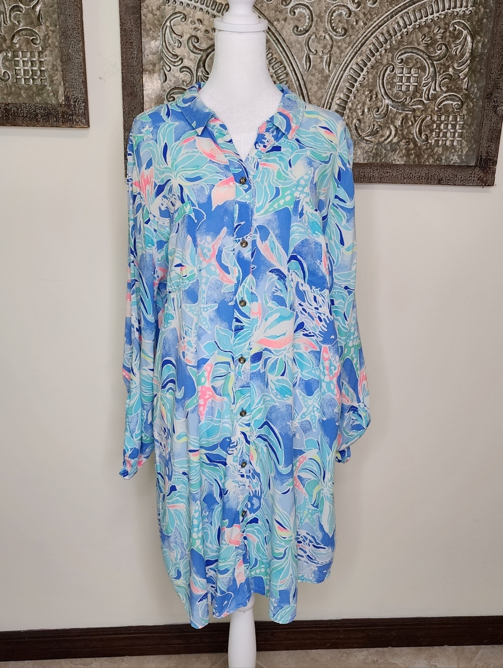 Lilly Pulitzer Natalie Blue & Pink Button Front Shirt Dress Cover Up Large Beach